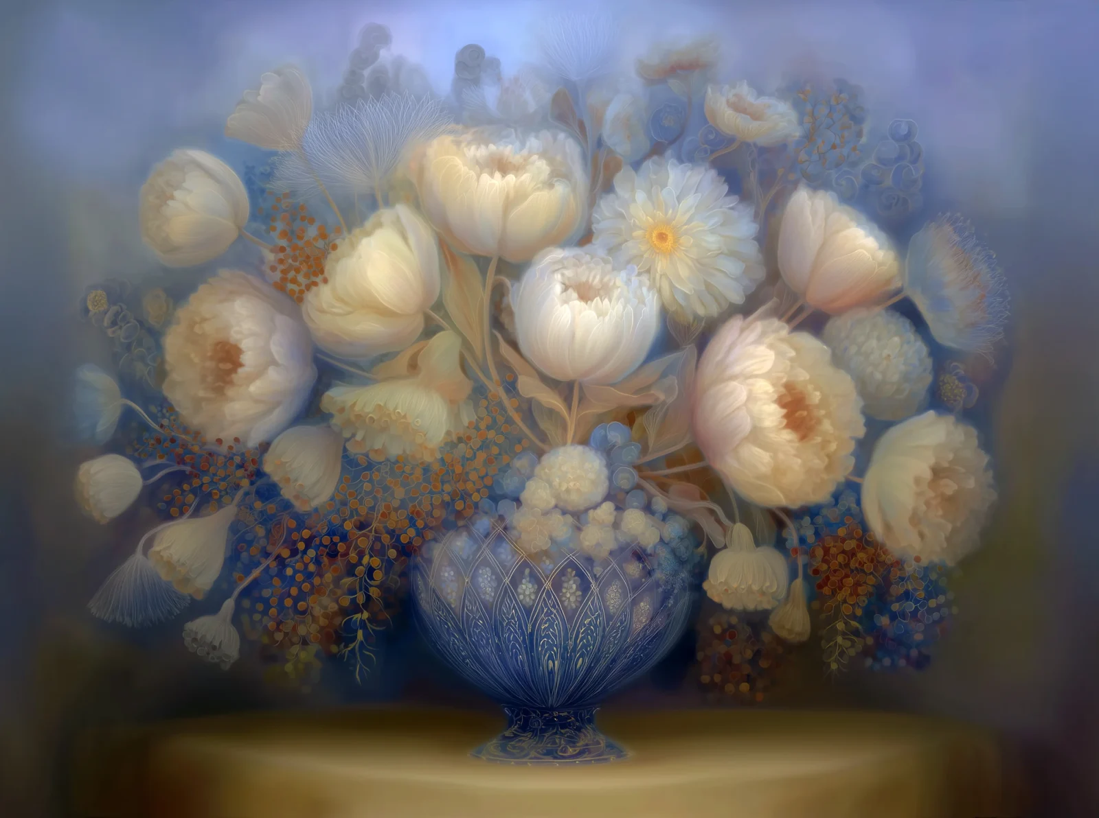 white peonies in blue vase_FT White Peonies in Glass Vase