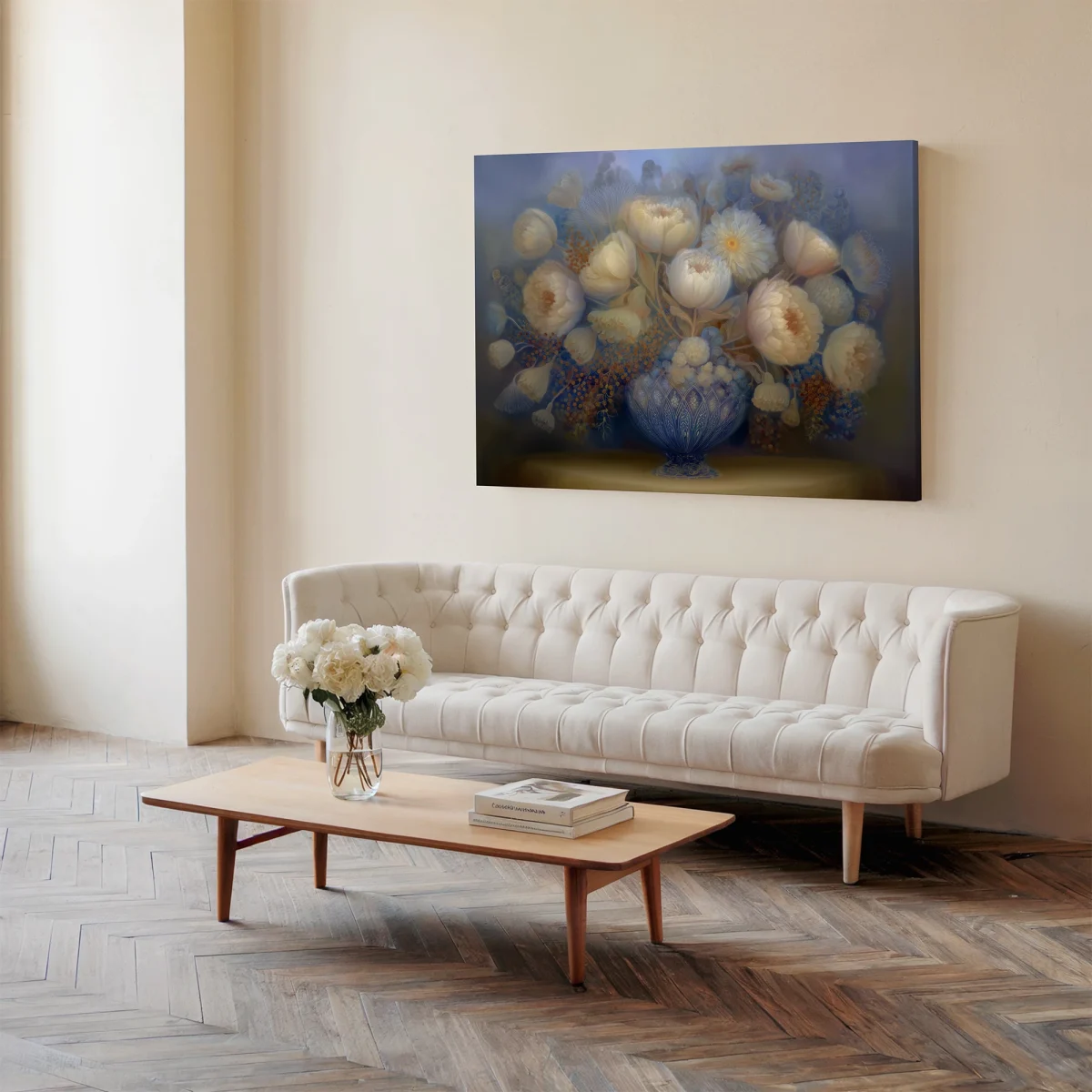 White Peonies in Glass Vase