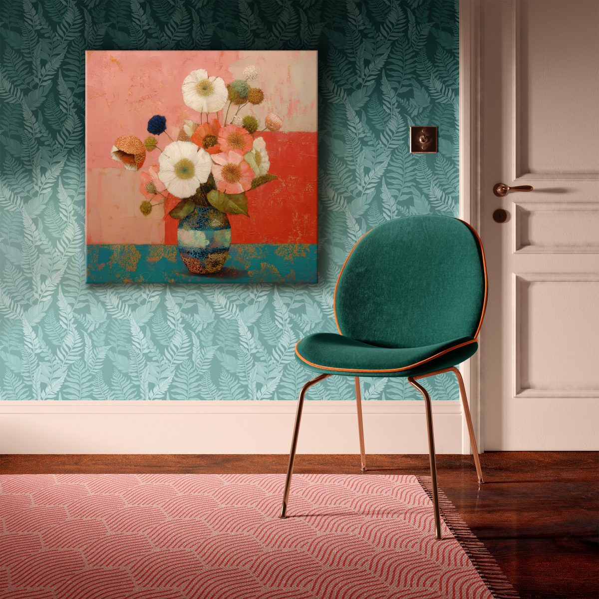Coral Poppies in a Painted Vase