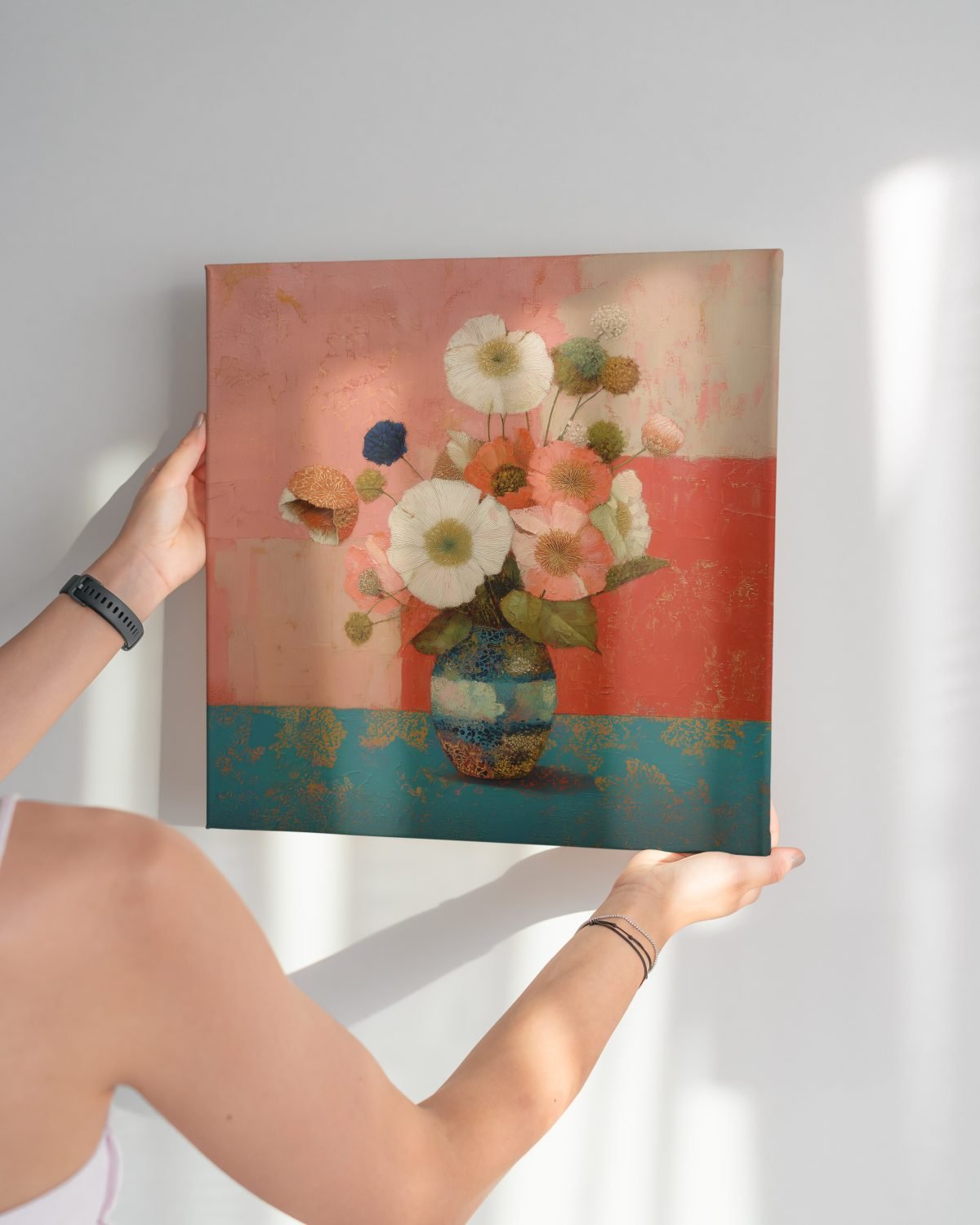 Coral Poppies in a Painted Vase