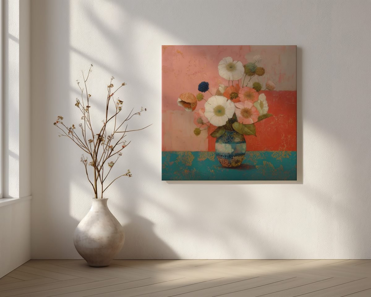 Coral Poppies in a Painted Vase