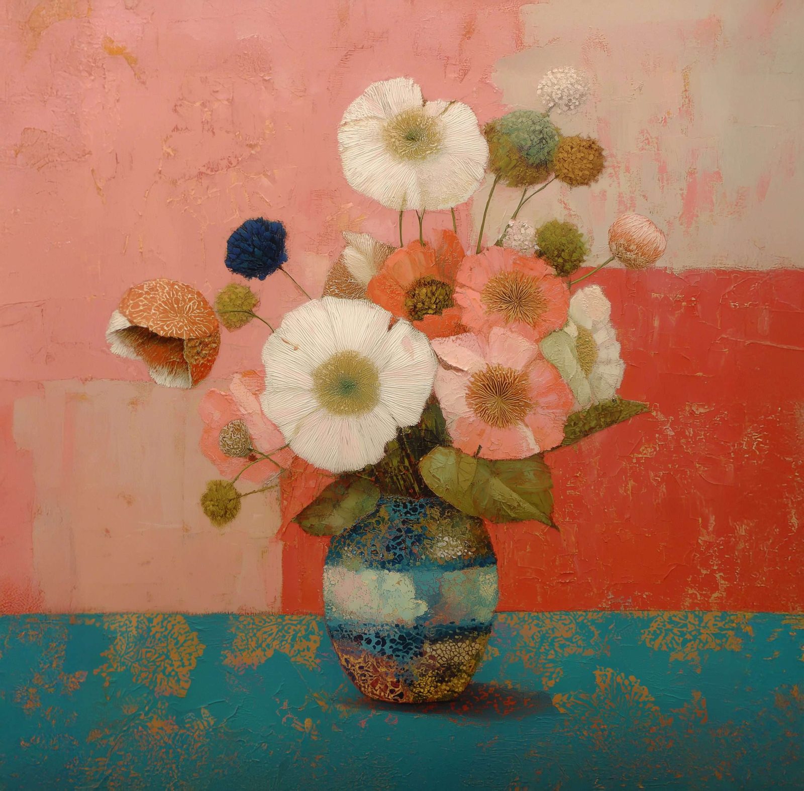 Coral Poppies in a Painted Vase