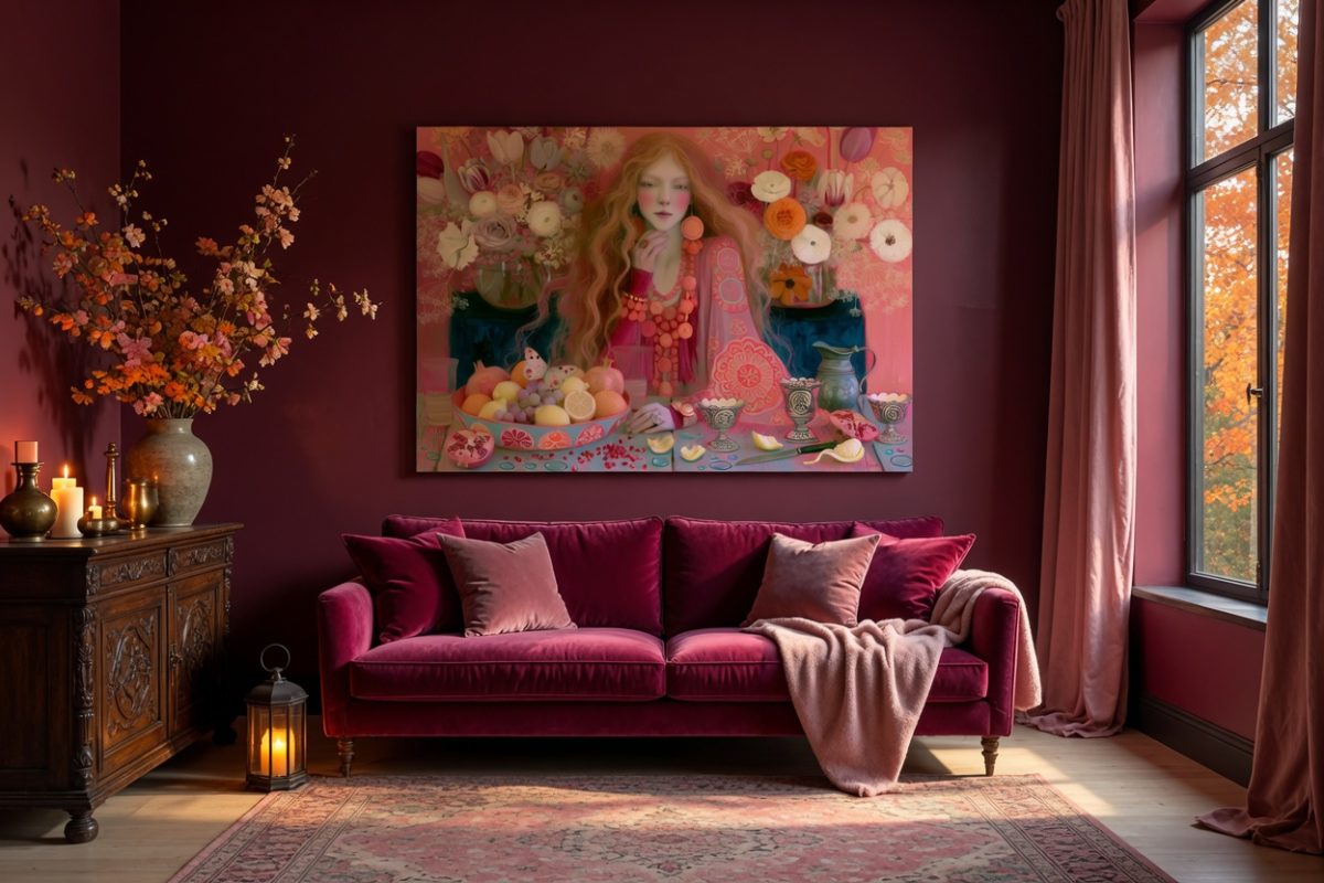 magenta morning_burgundy sofa_mu Magenta Morning