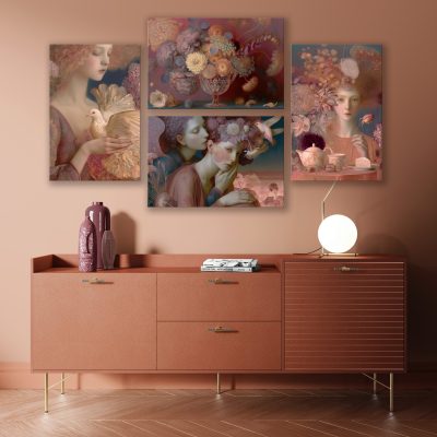 Pinwheel Wide gallery wall — four Claret & Ash canvases