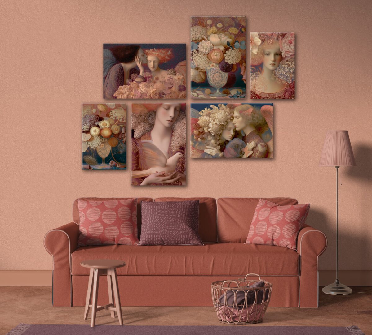 The Six gallery wall — six Claret & Ash canvases above a sofa
