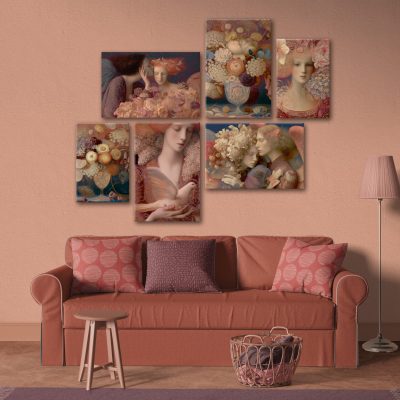 The Six gallery wall — six Claret & Ash canvases above a sofa