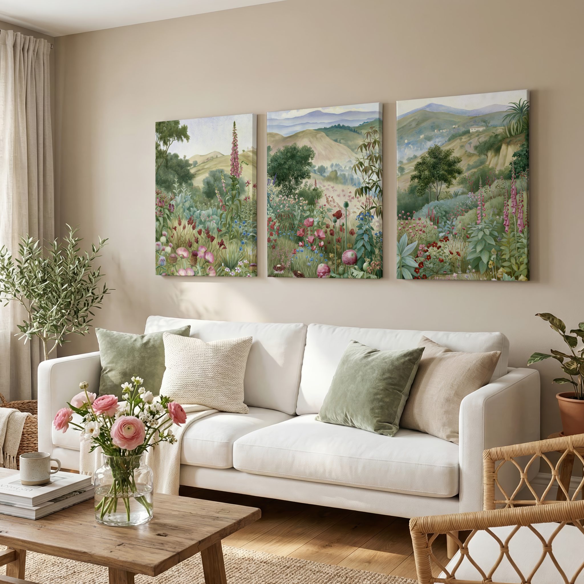 Any three Green Valley canvases above a sofa