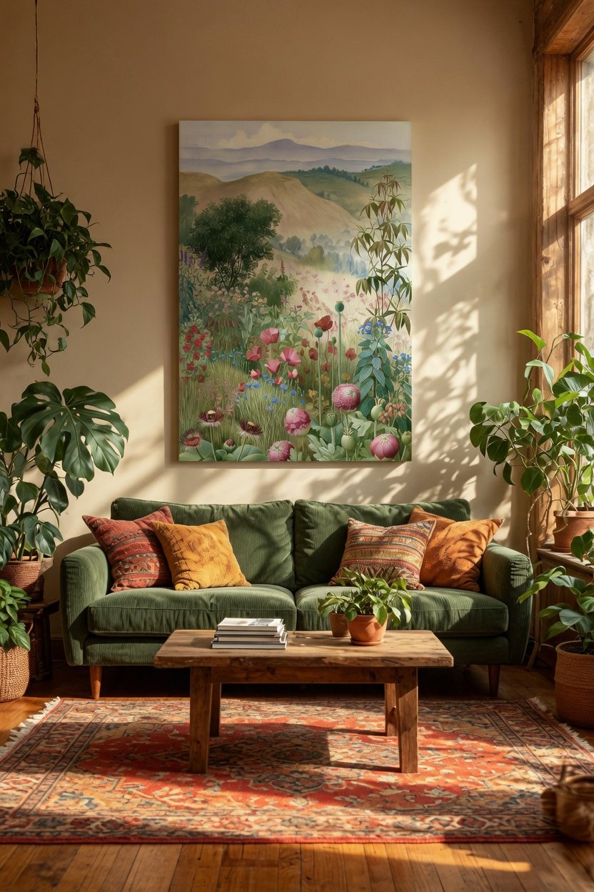 Green Valley above a green velvet sofa